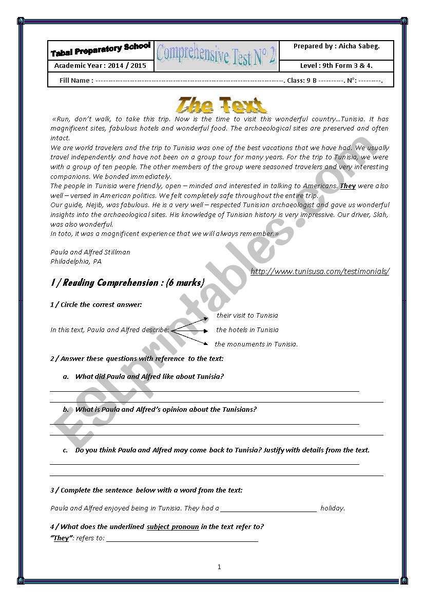 Comprehensive Test worksheet