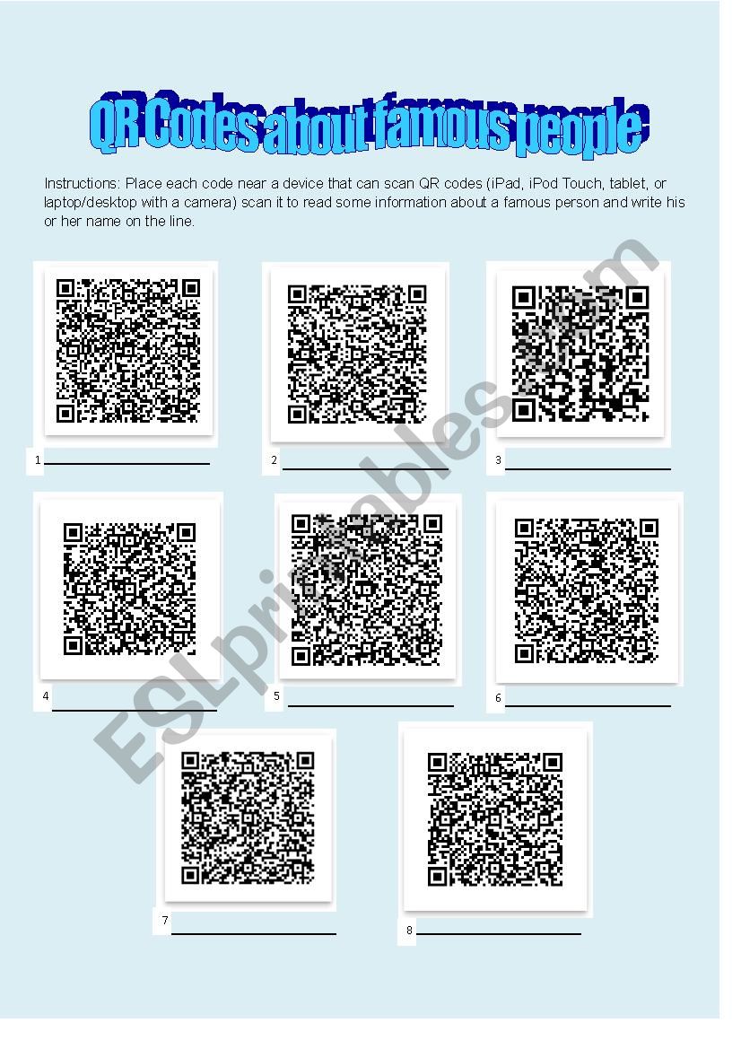 Famous people QR code quiz worksheet Famous people QR code quiz worksheet