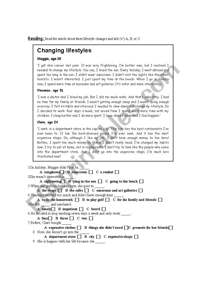 Changing lifestyles worksheet