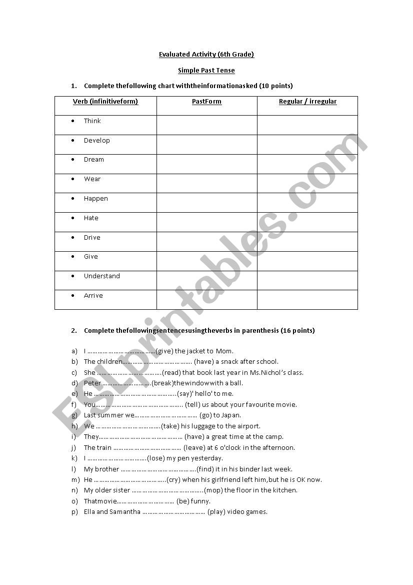 Verbs in Past Tense worksheet