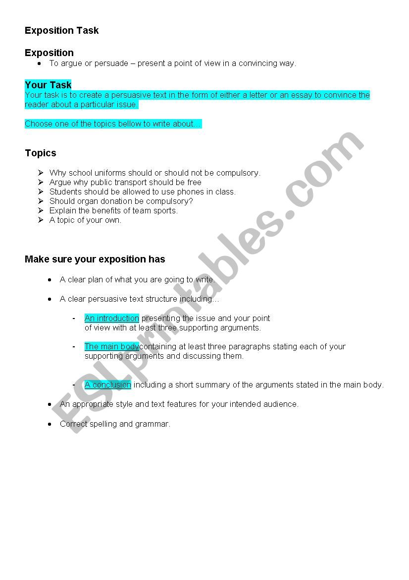 Exposition Task sheet and Scaffold