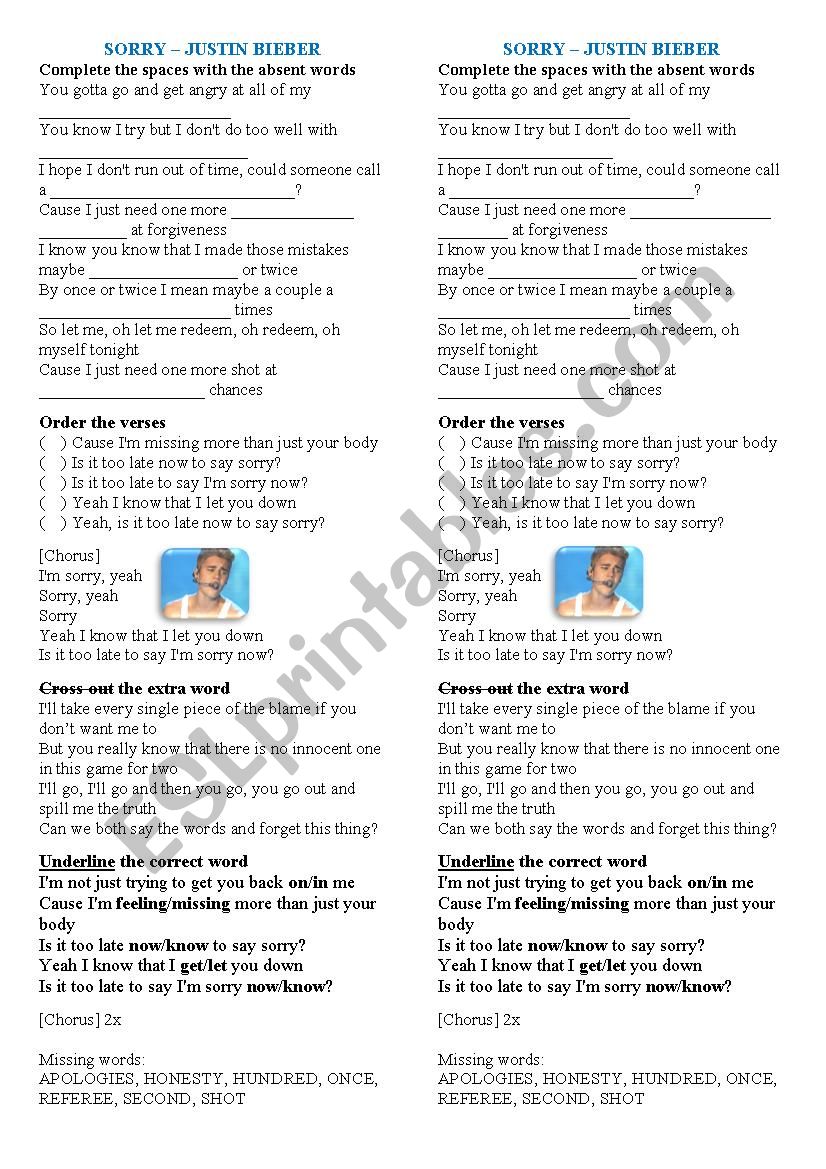 Sorry - Justin Bieber  worksheet