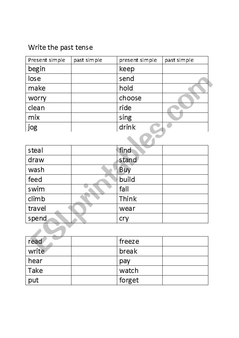 pas tense table worksheet