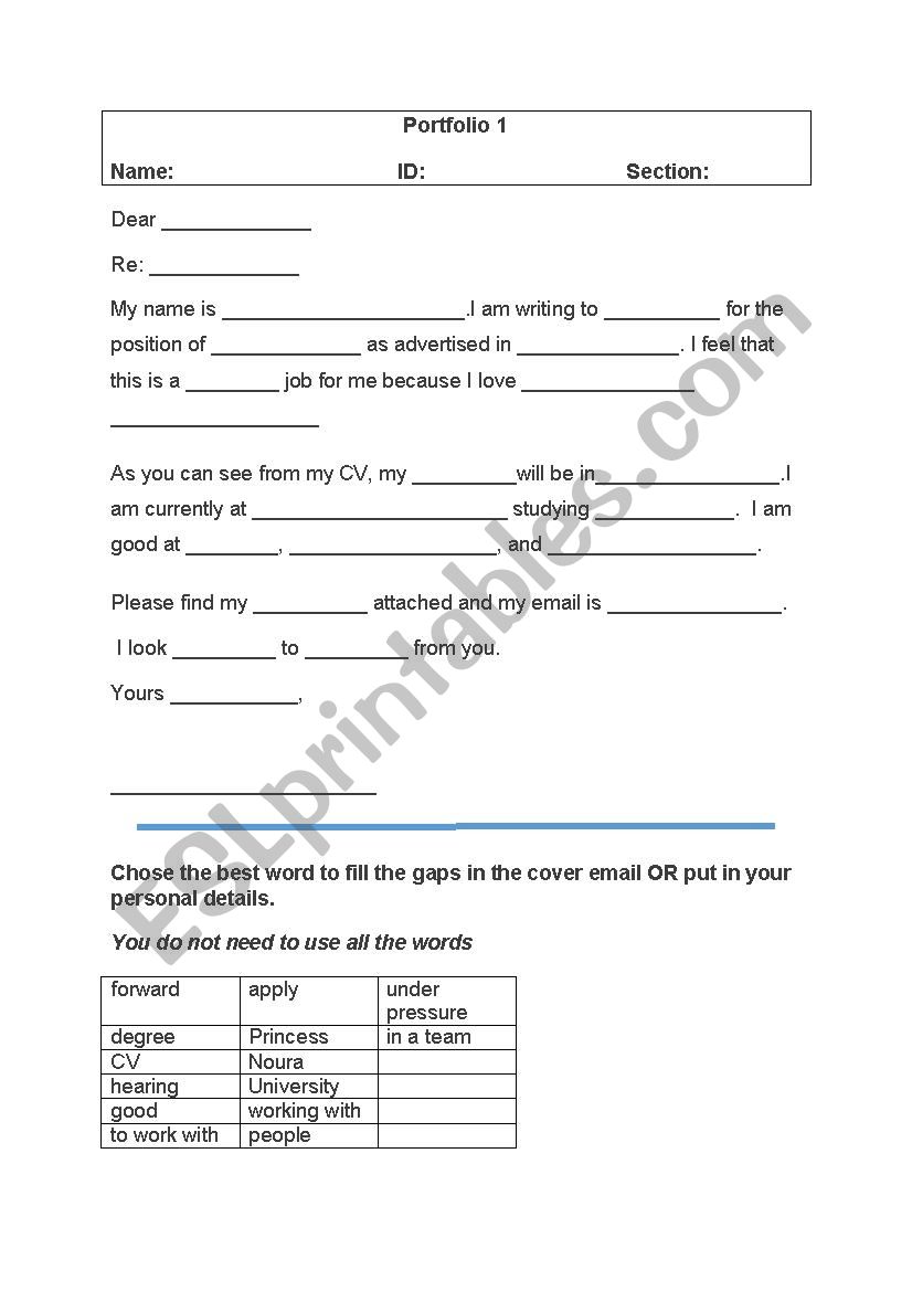 Cover letter exercise worksheet