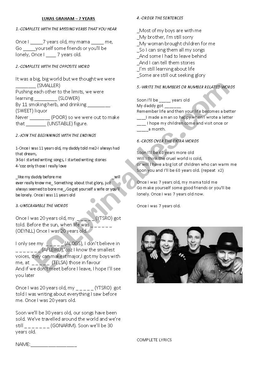 7 years - Lukas Graham  worksheet