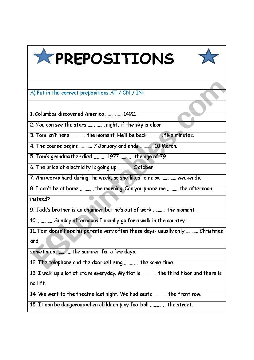 AT, IN, ON - Prepositions  worksheet