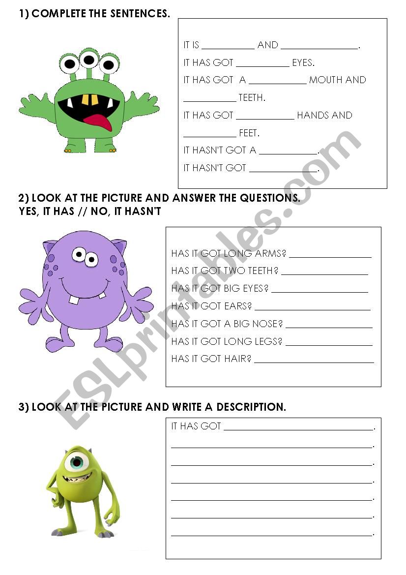 Describe the monsters worksheet