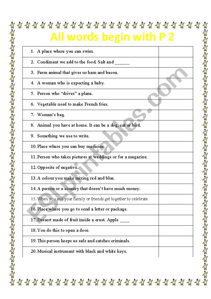 All words start with P 2 worksheet
