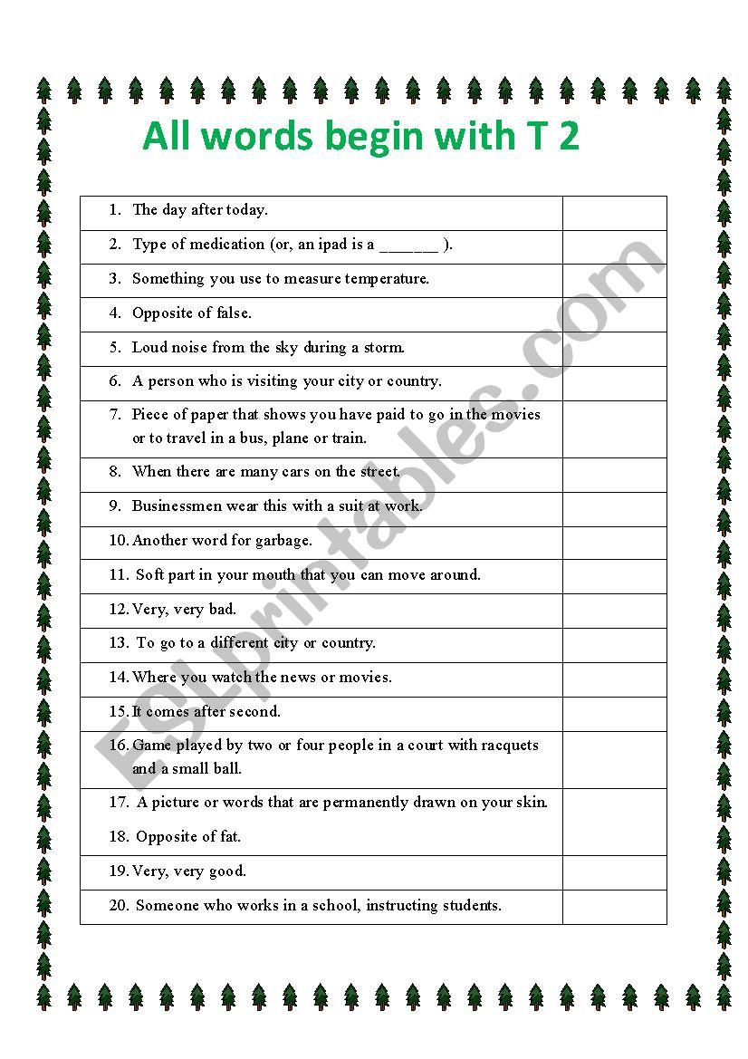 All words start with T 2 worksheet