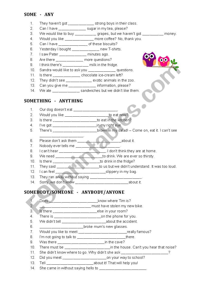 some and any + compounds worksheet