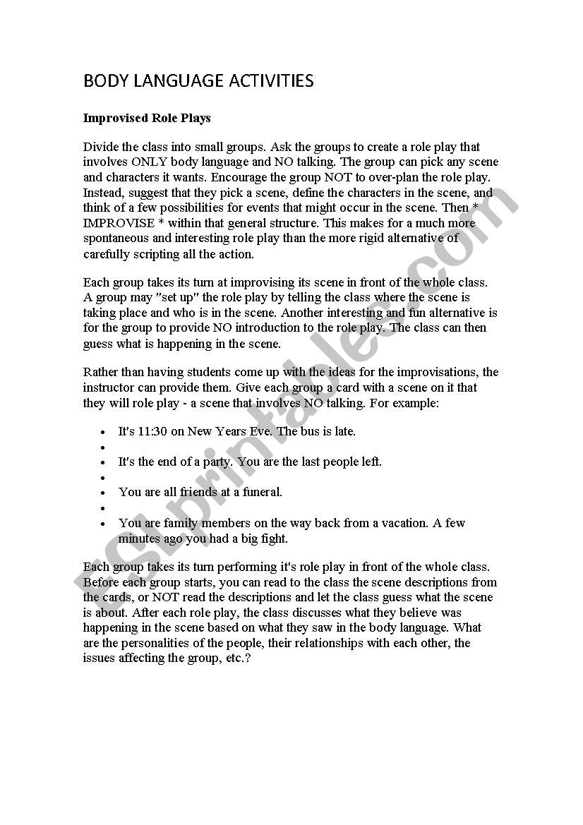 BODY LANGUAGE ACTIVITY worksheet