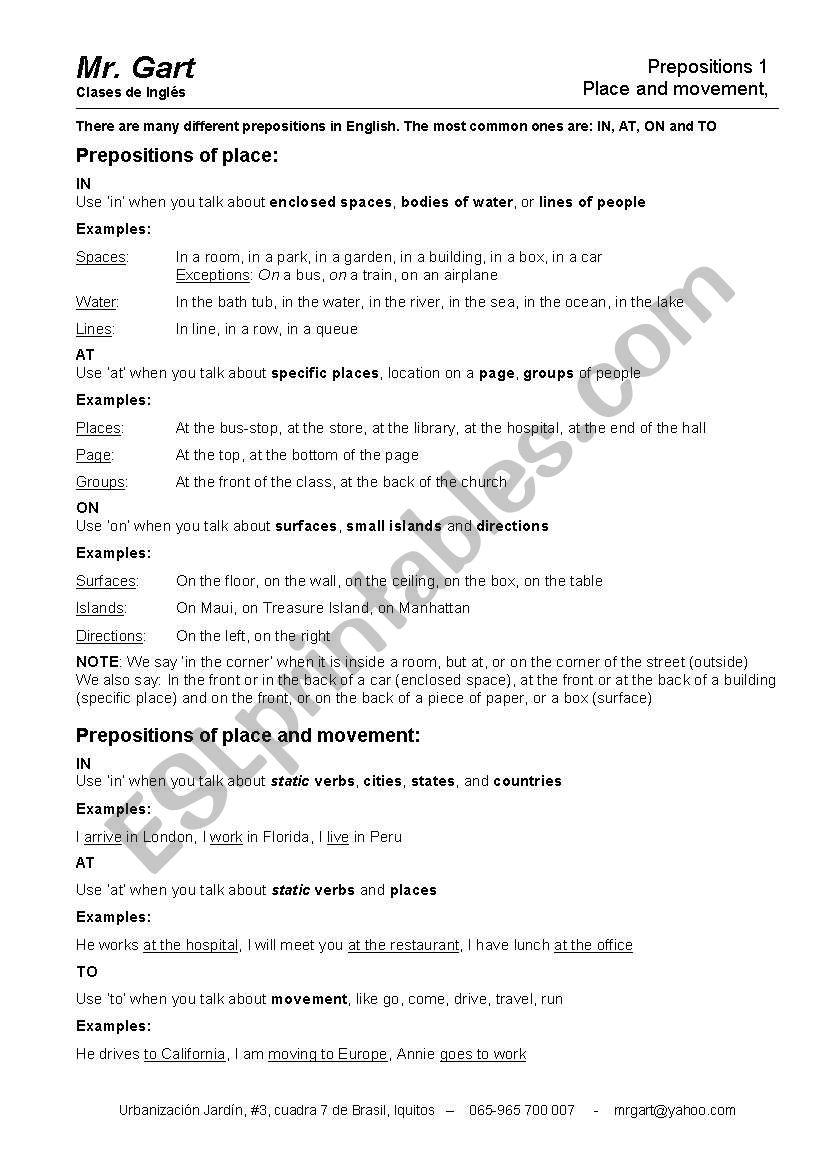 Prepositions of Place and Movement