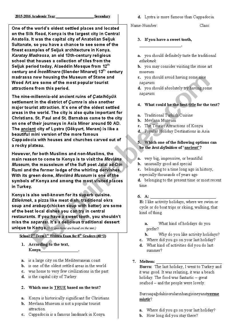 TEOG EXAM (8.2.1)  worksheet