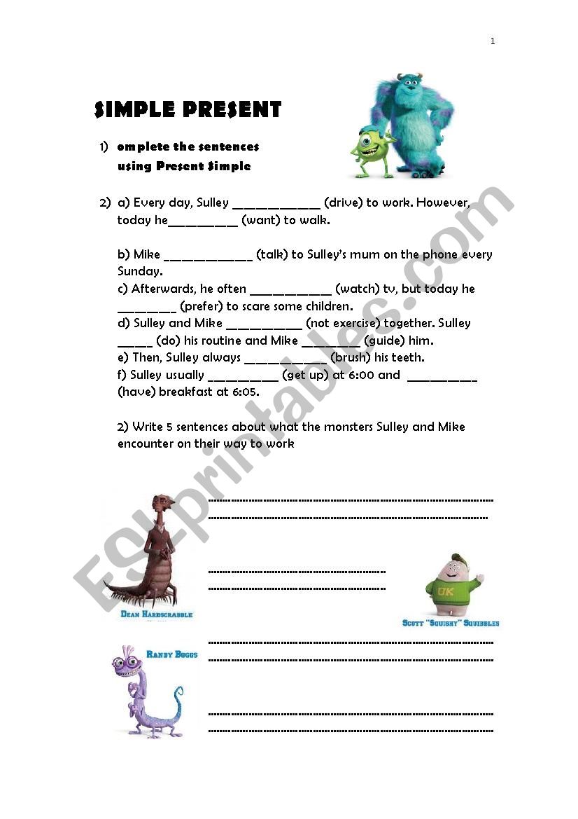 monsters inc present simple activity