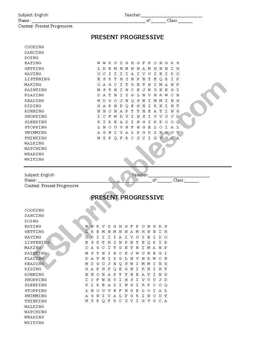 Word Search Present Progressive