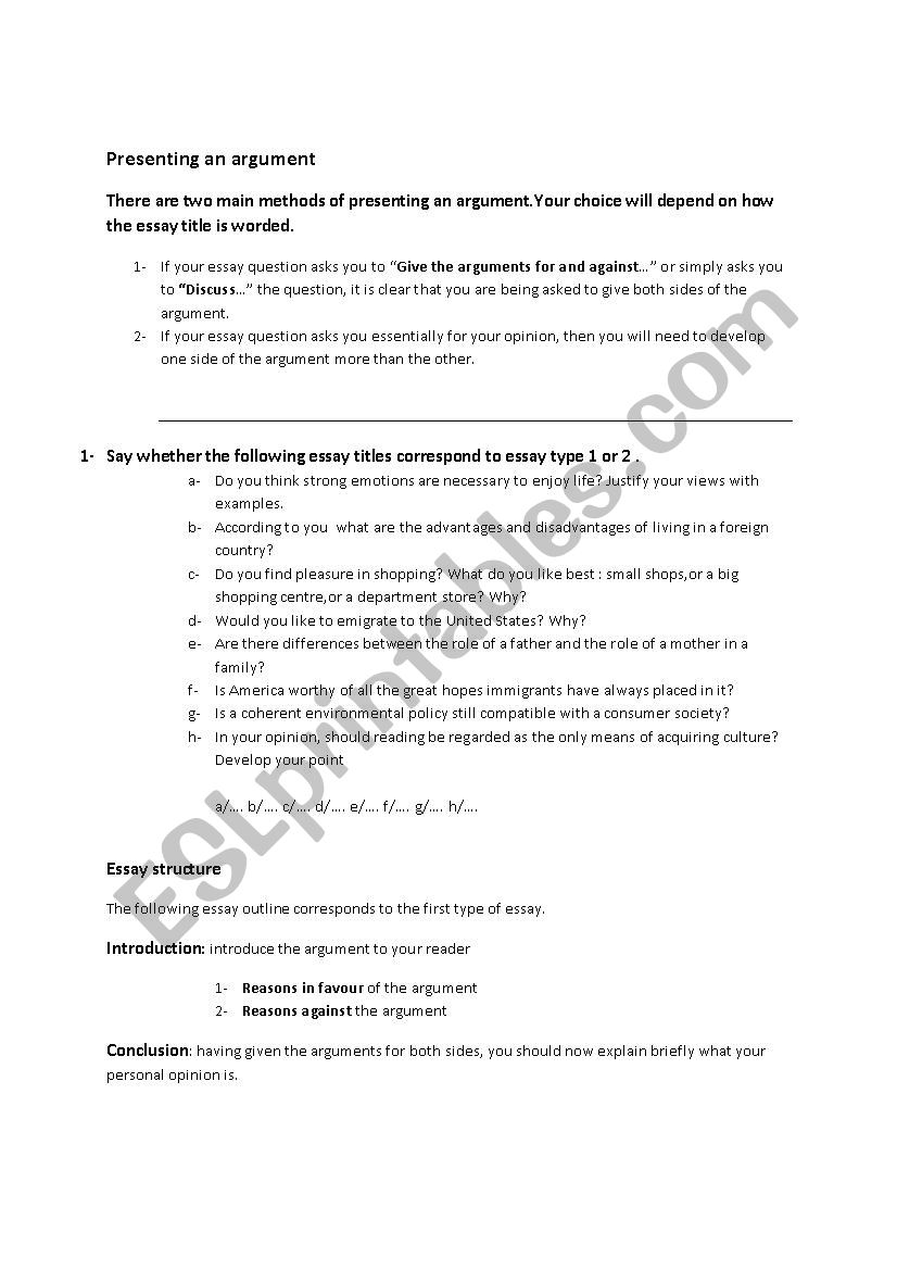 presenting an argument worksheet