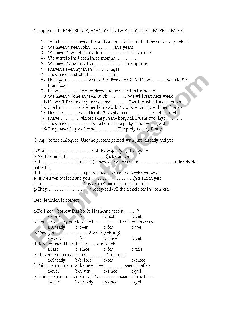 FOR SINCE YET ALREADY (EXPRESSIONS PRESENT PERFECT)