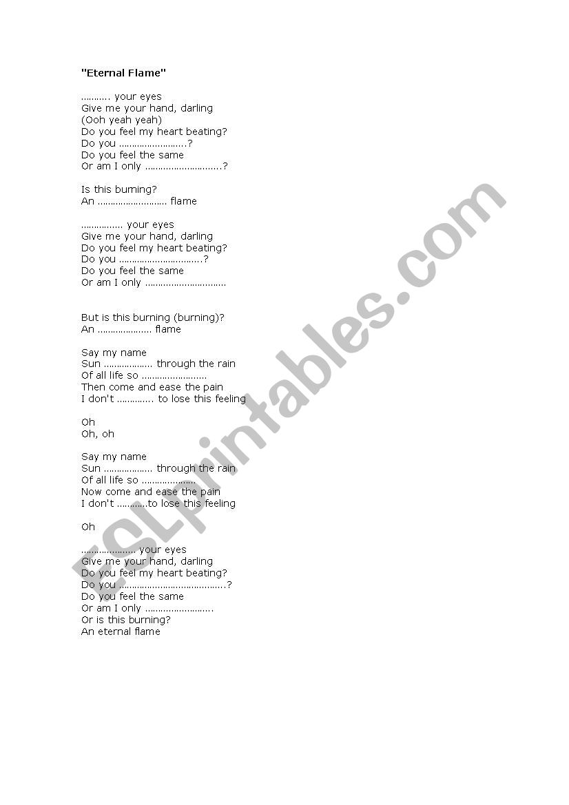 SONG ETERNAL FLAME worksheet