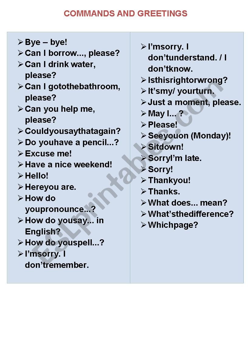 COMMANDS AND GREETINS worksheet