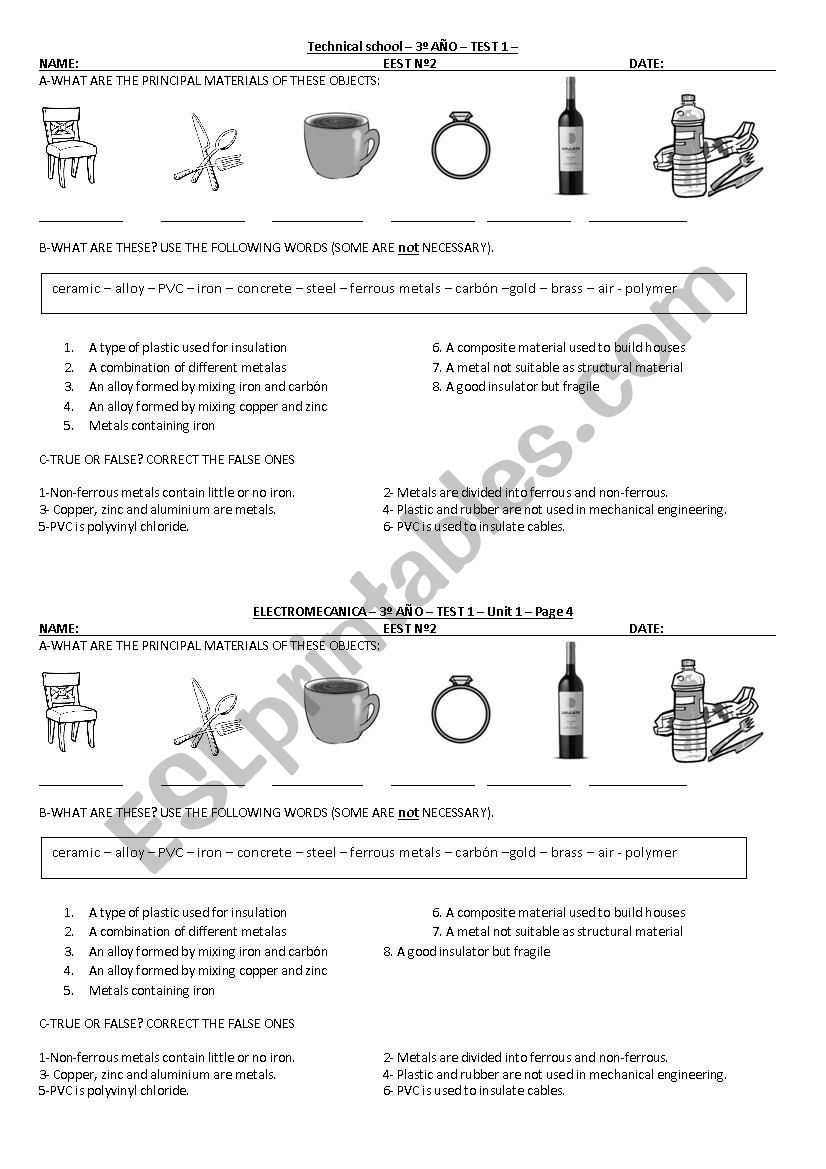 Vocabulary technical schools - Materials