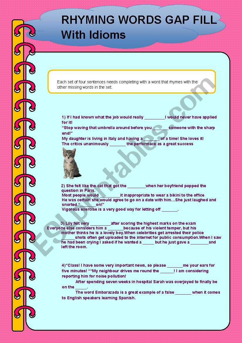 Advanced Gap Fill Worksheet Rhyming words and Idioms