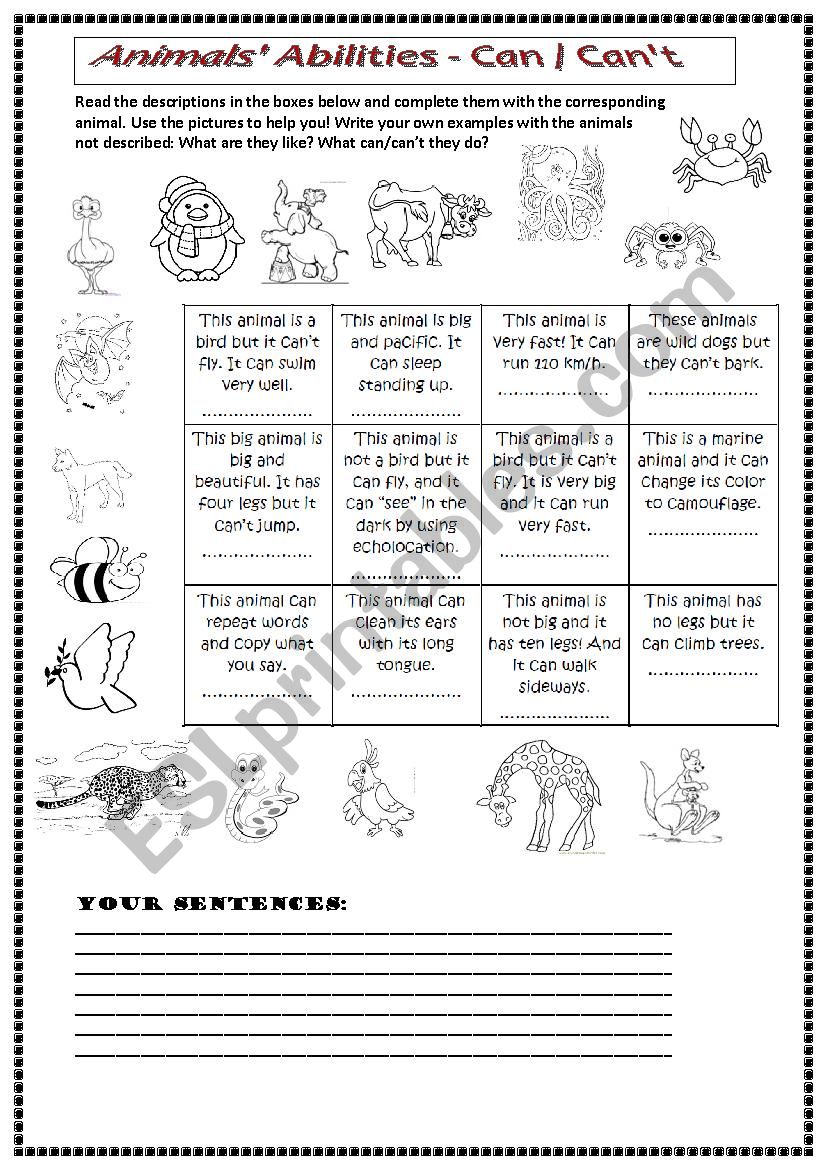 Animals´ Abilities Can - Can´t - ESL worksheet by Vicky González
