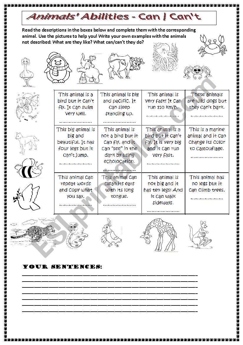 Animals´ Abilities Can - Can´t - ESL worksheet by Vicky González Animals´ Abilities Can - Can´t - ESL worksheet by Vicky González