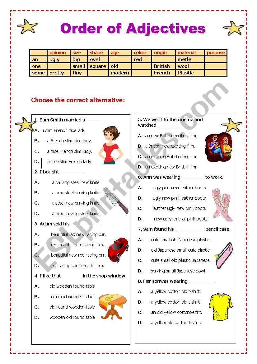 Order Of Adjectives Worksheet For High School