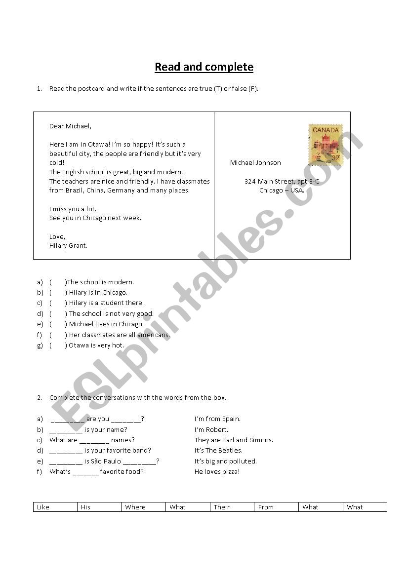 Read and complete worksheet