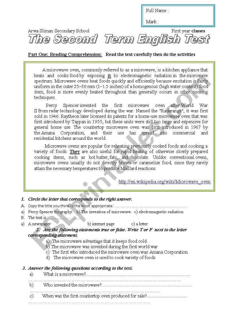 microwave oven test  worksheet