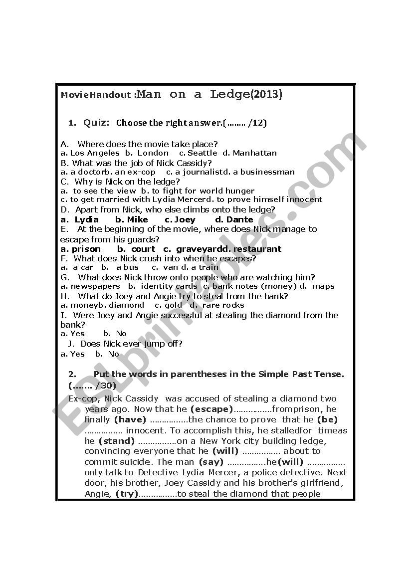 Movie Handout:    Man on a Ledge