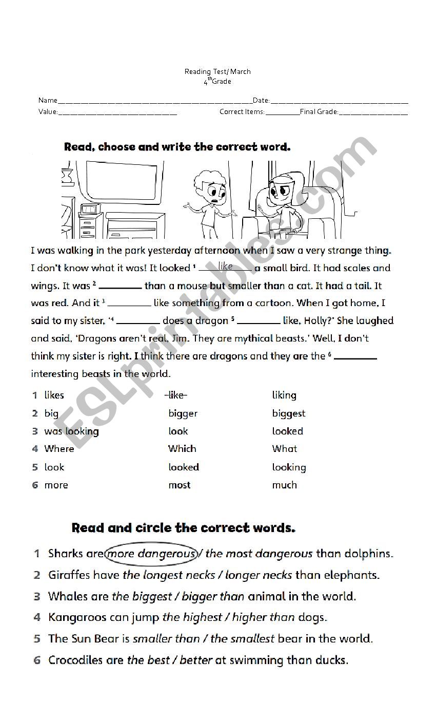 4th grade Reading Test worksheet