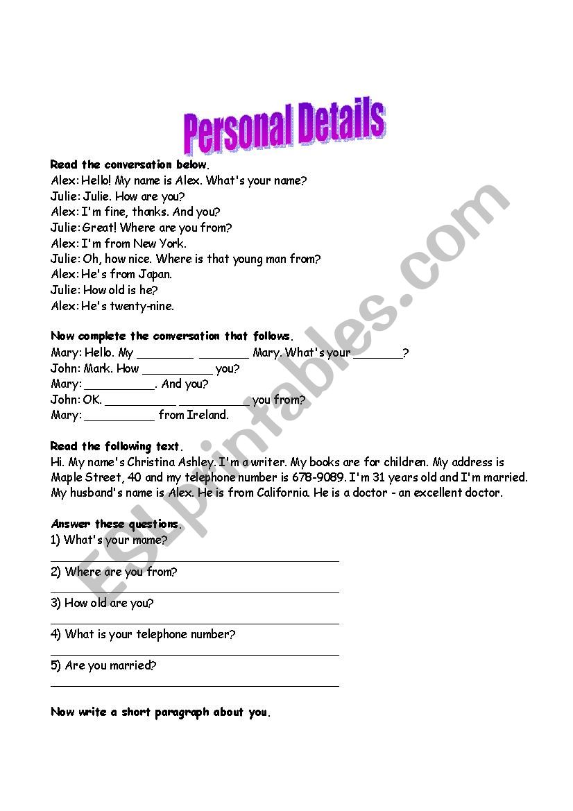 Personal Details worksheet