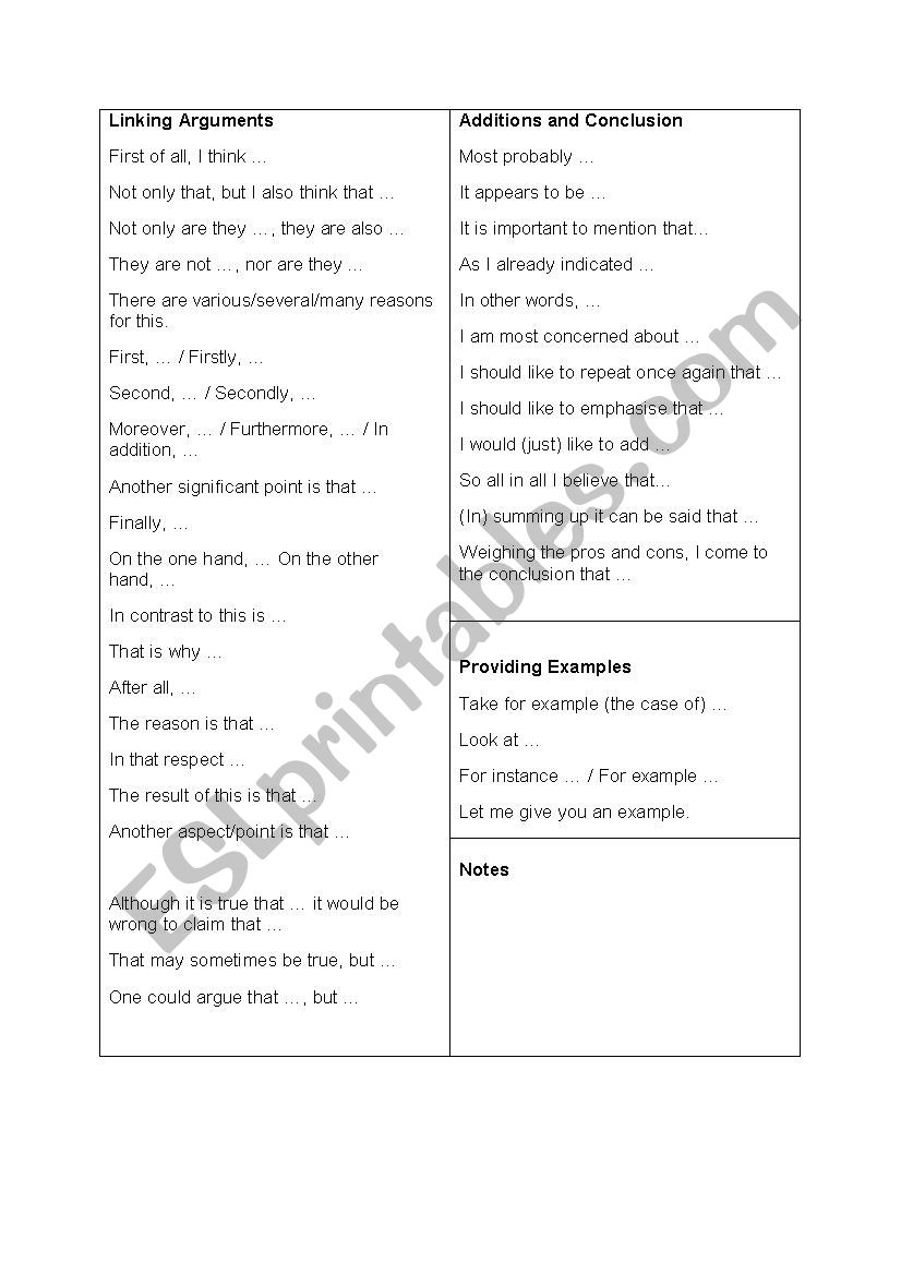 Linking arguments  worksheet