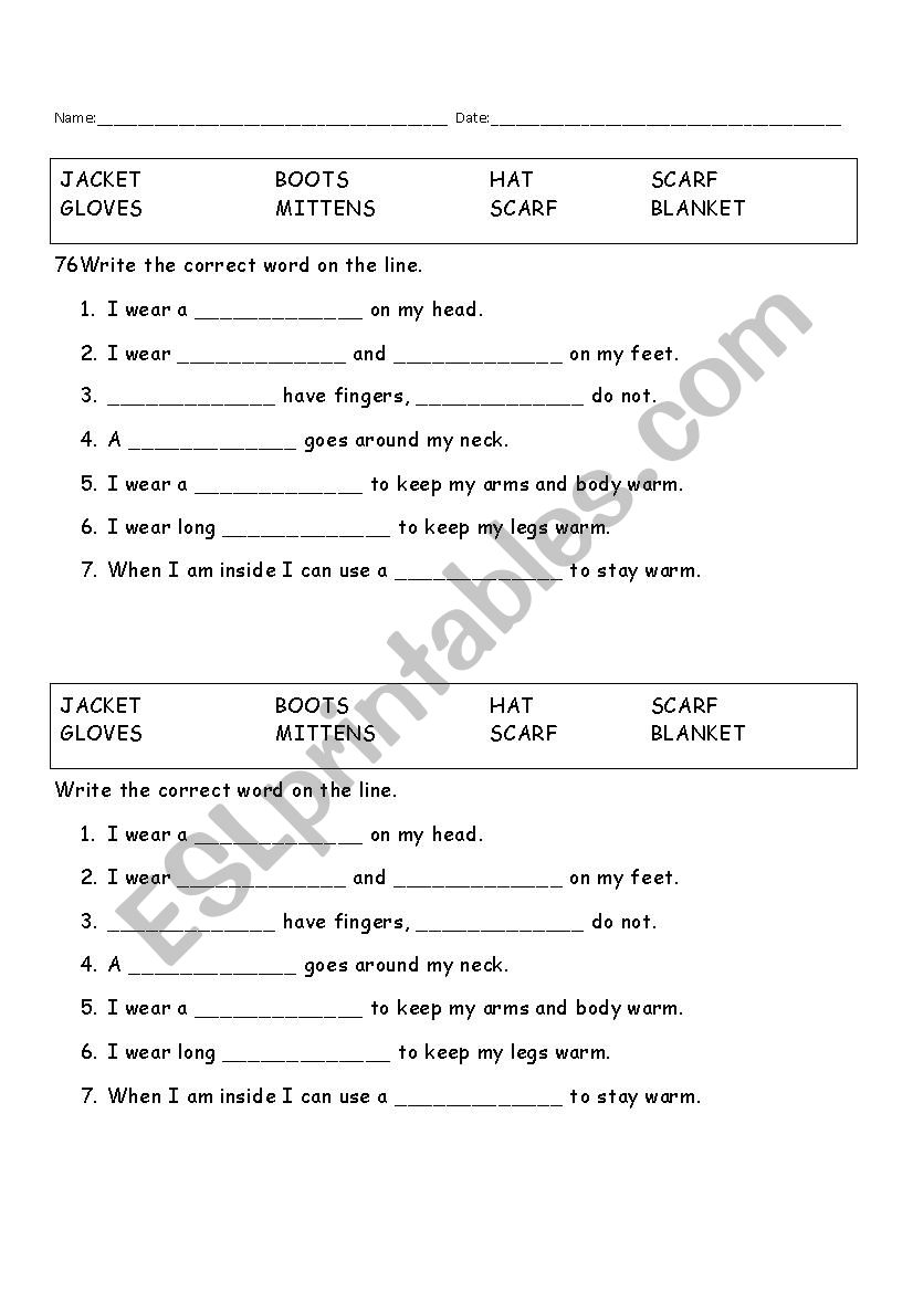 winter clothing cloze worksheet