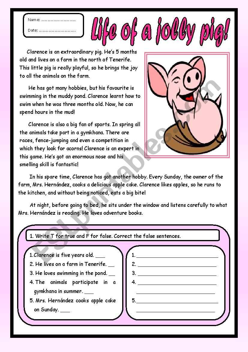 Life of a jolly pig! worksheet