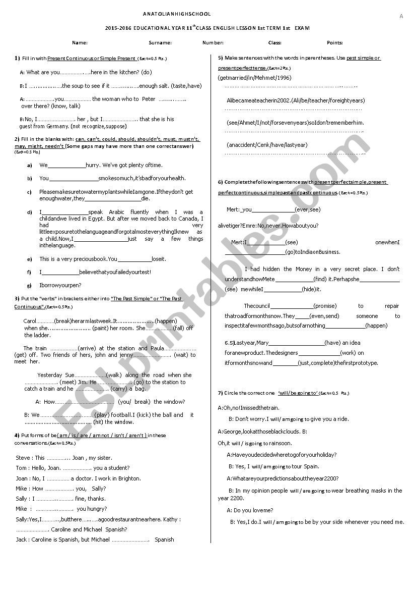 Exam questions worksheet