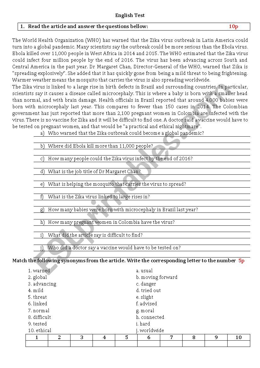 English Test worksheet