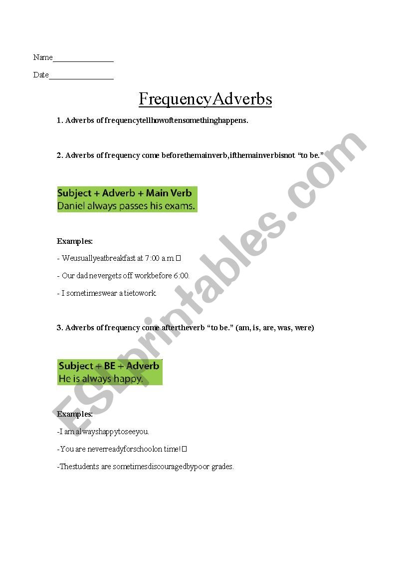 FREQUENCY ADVERBS worksheet