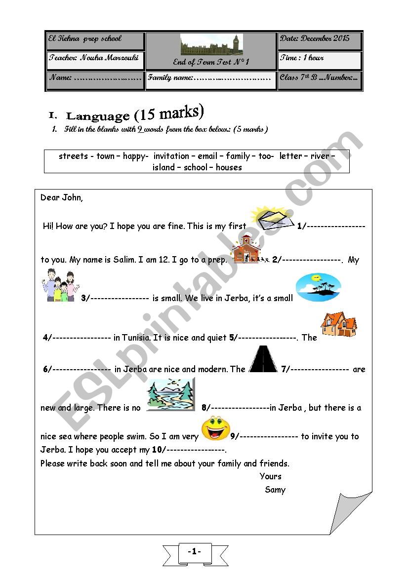 End of Term test NÂ° 1 7th form - ESL worksheet by salma23