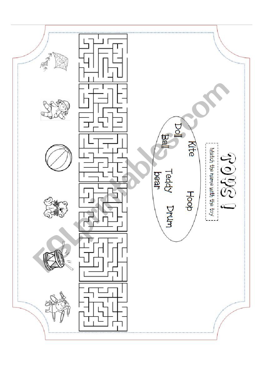 Maze match about toys worksheet