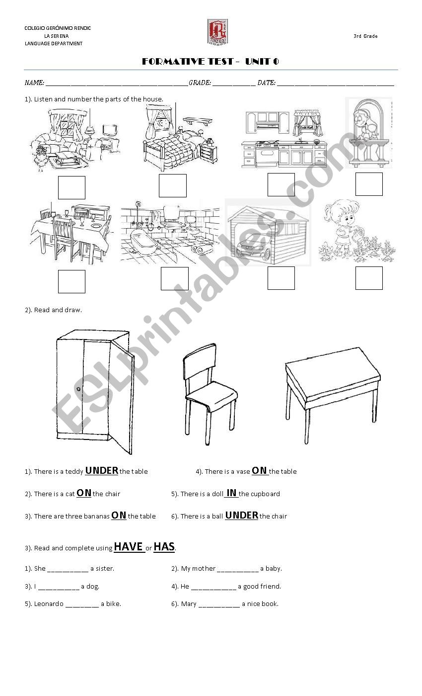 test parts of the body, parts of the house, prepositions