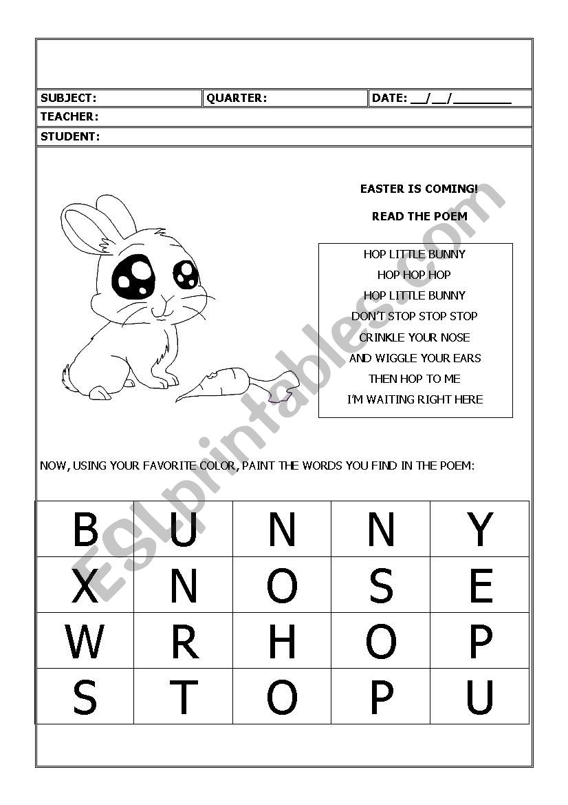 HOP LITTLE BUNNY - Easter worksheet