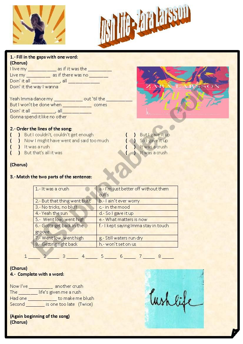 Zara Larsson - Lush life worksheet