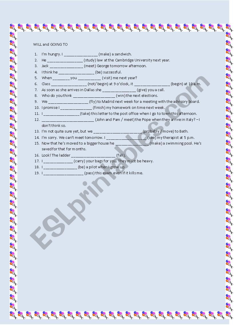 will and going to worksheet