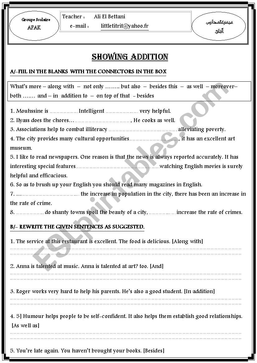 Showing addition - WORKSHEET CONJUNCTIONS