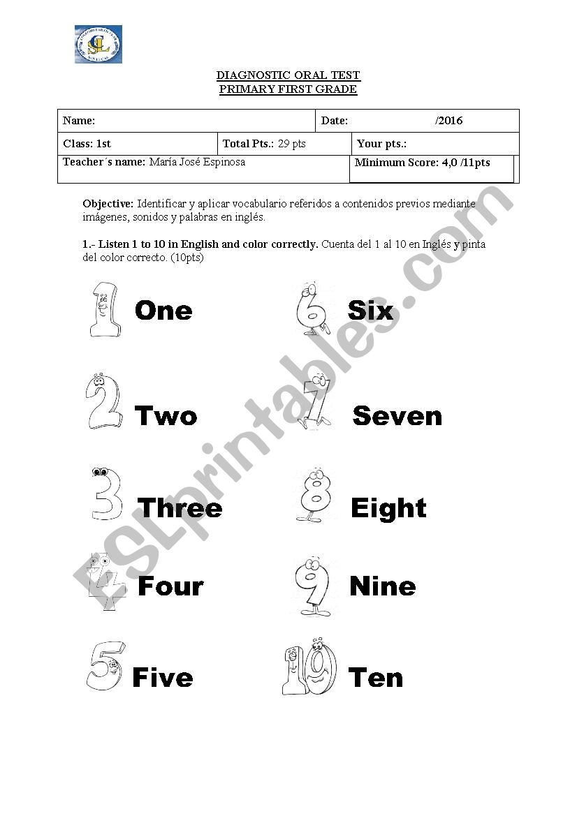 first grade. diagnostic  worksheet