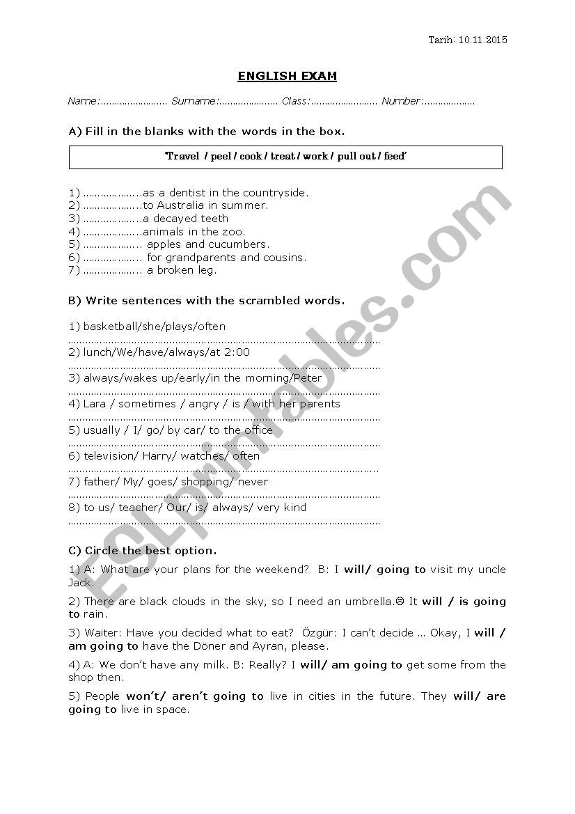 English Exam worksheet