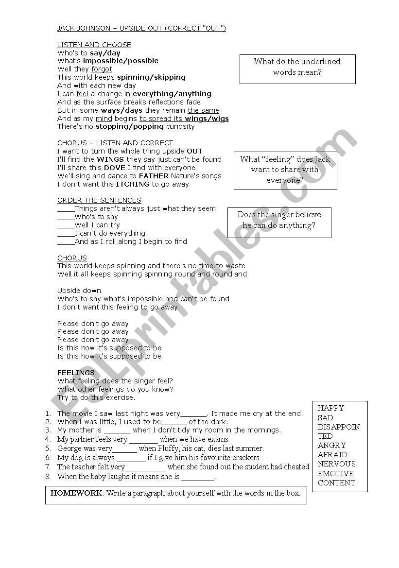 Jack Johnson - Upside Down worksheet