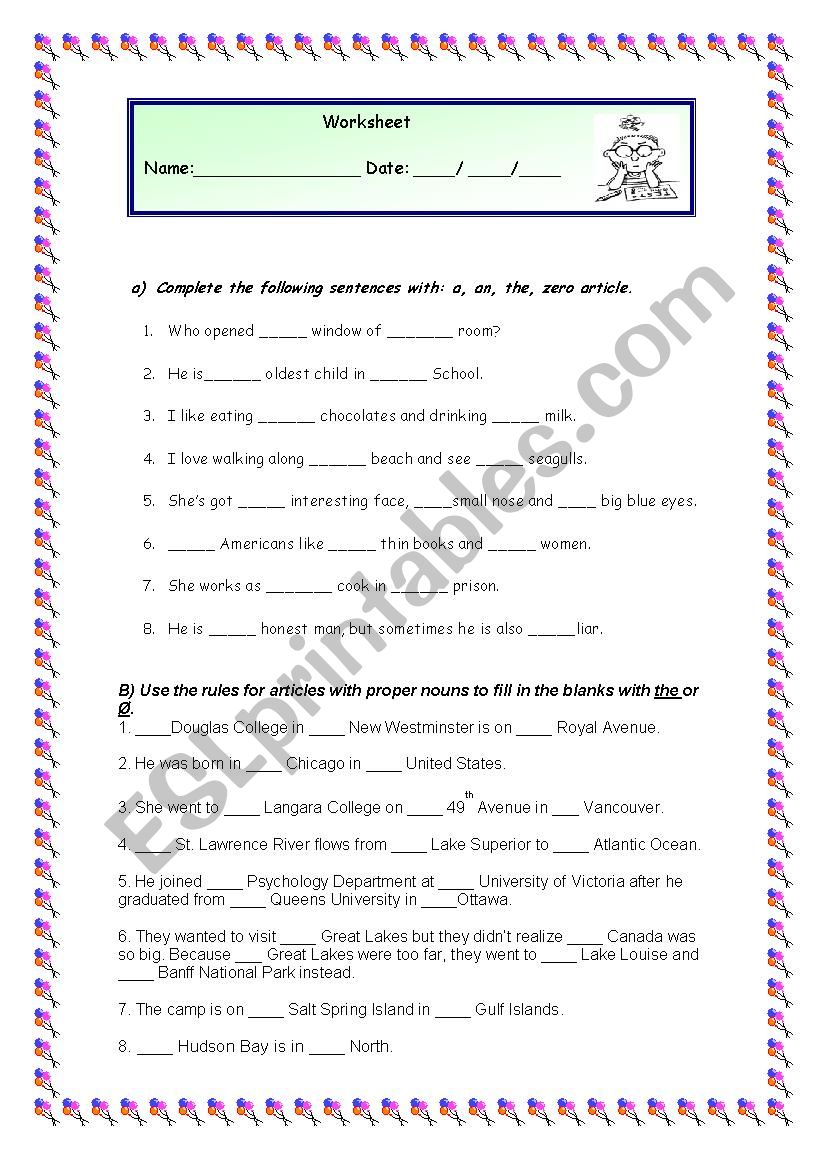 articles worksheet